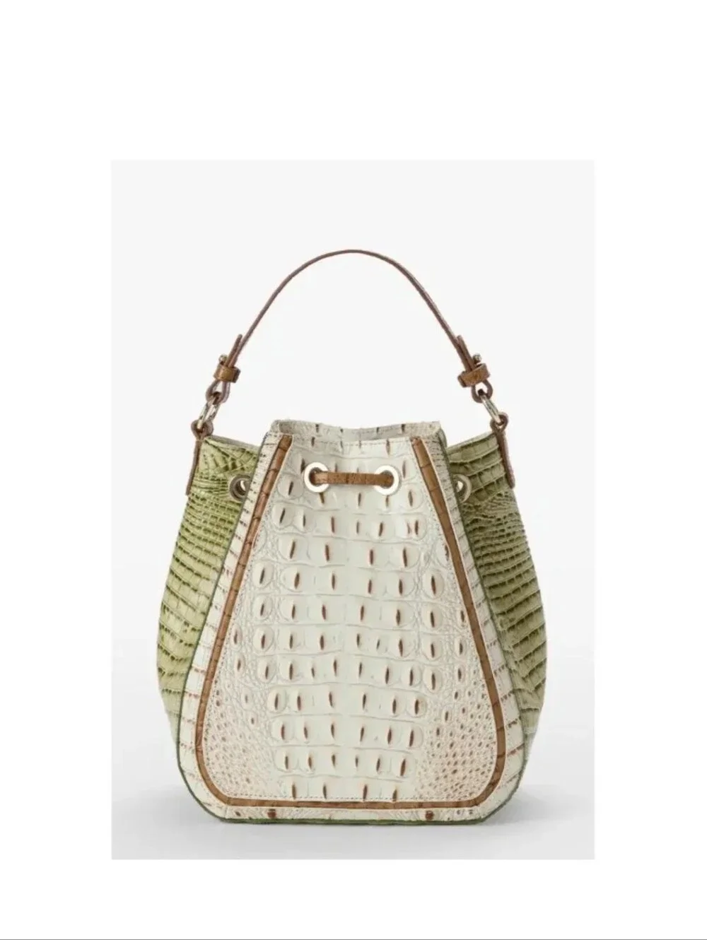 BRAHMIN Melinda FERNCroc-Embossed Leather Drawstring Bucket Bag in Green & Cream